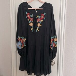 Free People Black Tunic Dress with Floral Embroidery